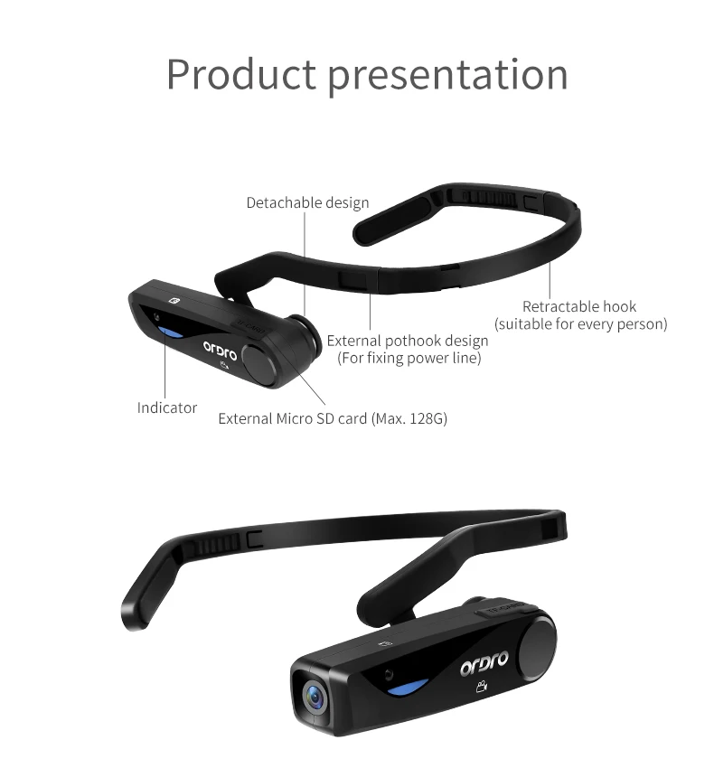 Wearable Video Camera Full HD ORDRO EP5 CMOS Sensor Wide Angle Lens Mini Headset camera 1080P 30fps Digital Camcorder