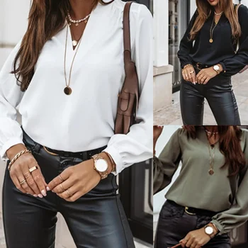 

3XL Basic Simple Office V Neck Women Blouse Solid Slim Long Sleeves Female Blouses 2020 Autumn Fashion Ladies Casual Top Clothes