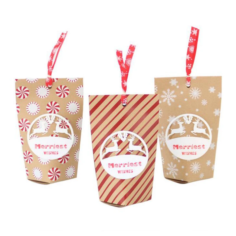 

24pcs Xmas Candy Boxes Christmas Kraft Bag Paper Popcorn Box Goodie Bags Gift Bag Kids Party Favors Candy Bag Party Decoration