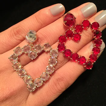 

Super Fairy Girl Earrings Exaggerated Micro-Inlaid Red Big Zircon Love Heart Tassel Heart S925 Silver Needle Earrings Jewelry