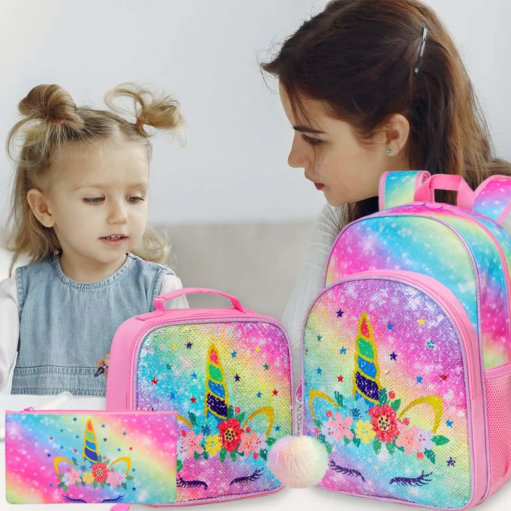 AGSDON 3PCS Unicorn Backpack for Girls, 16 Little Kids Sequin Preschool  School Bookbag and Lunch Box