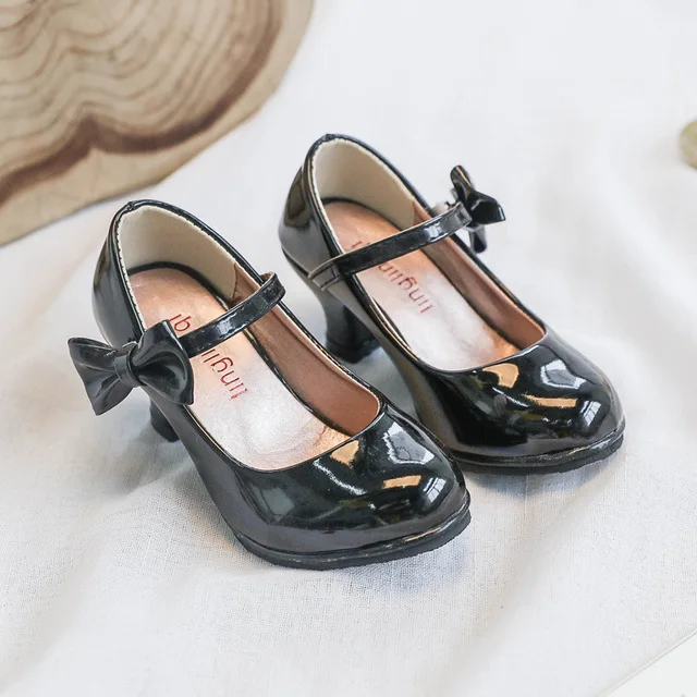 Spirng Formal All Black Shoes Children High Heel Girls Shoes Performance Wedding Party Princess School Girl Dress Shoes D12053 Black