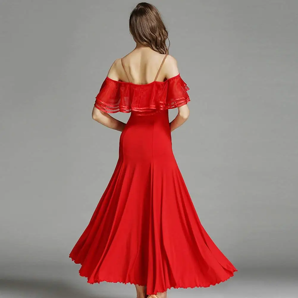 feecolor Women French Classic Luxury Big Lotus Leaf Swing Ice Silk Latin Dance Costume Flamenco Ballroom Waltz Salsa Dance Dress