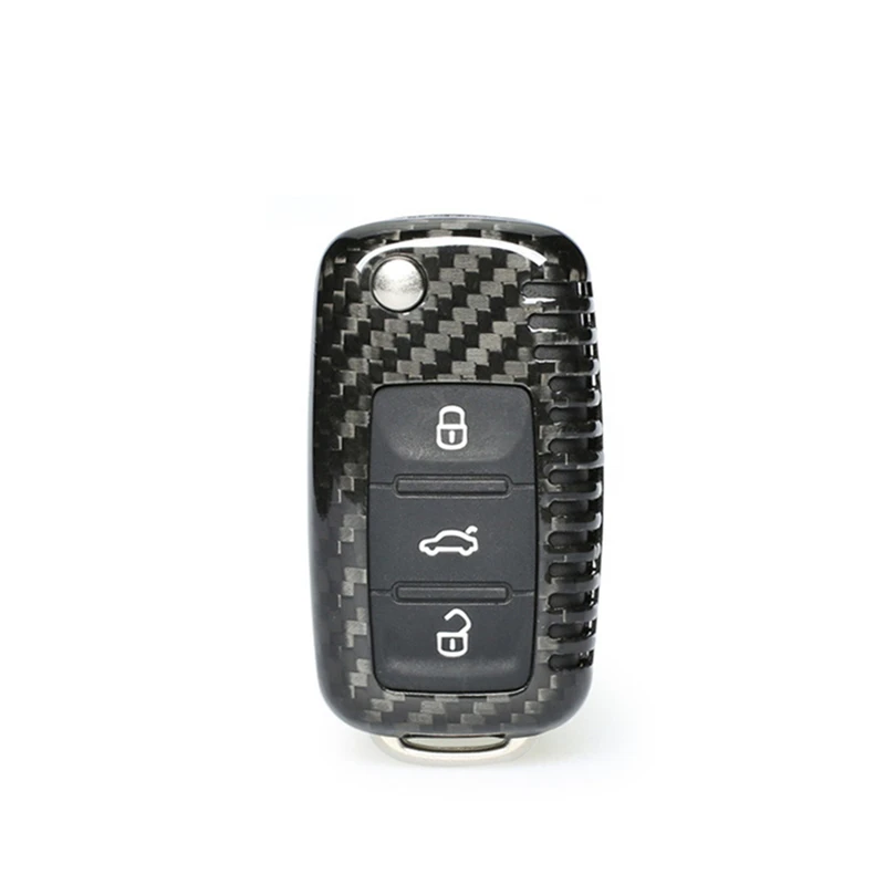 Car Key Cover caseGenuine Carbon fiber Car Smart Key Chain Keychain Holder Keyring Remote Key Fob - Black For VW Tiguan