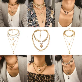 

Punk Fashion Multilayer Lock Pendants Gothic Large Heart Thick Chain Choker Vintage Coin Long Pearl Necklaces for Women