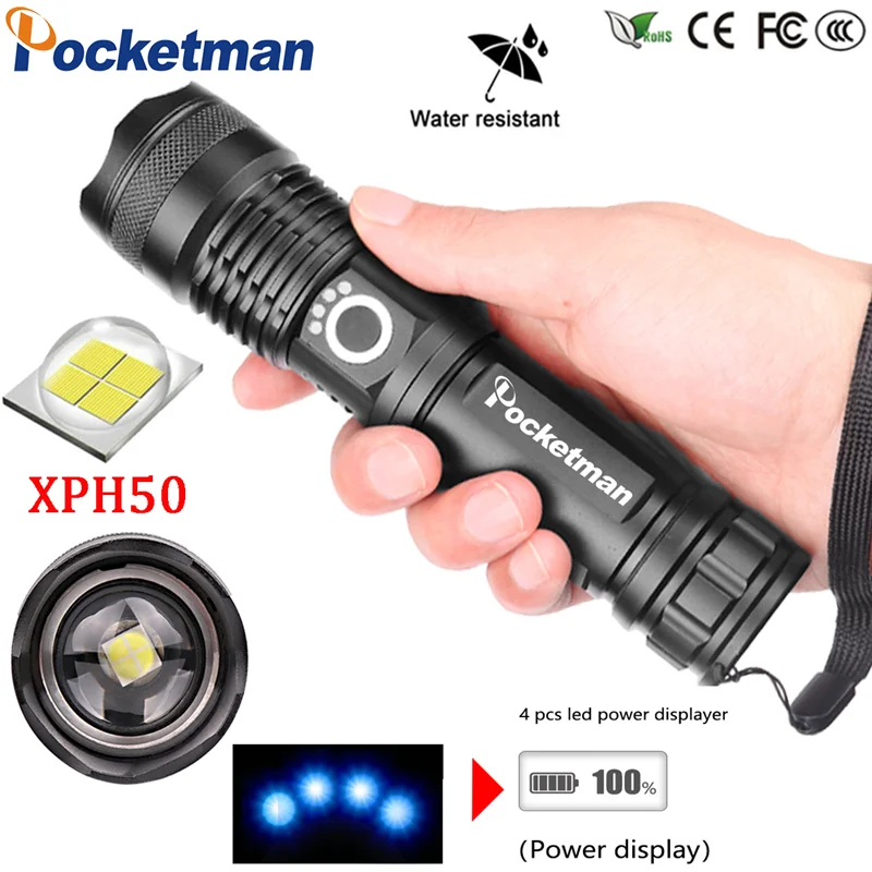 Тактический фонарь XHP50 сверхмощный перезаряжаемый светодиодный фонарик с зумом