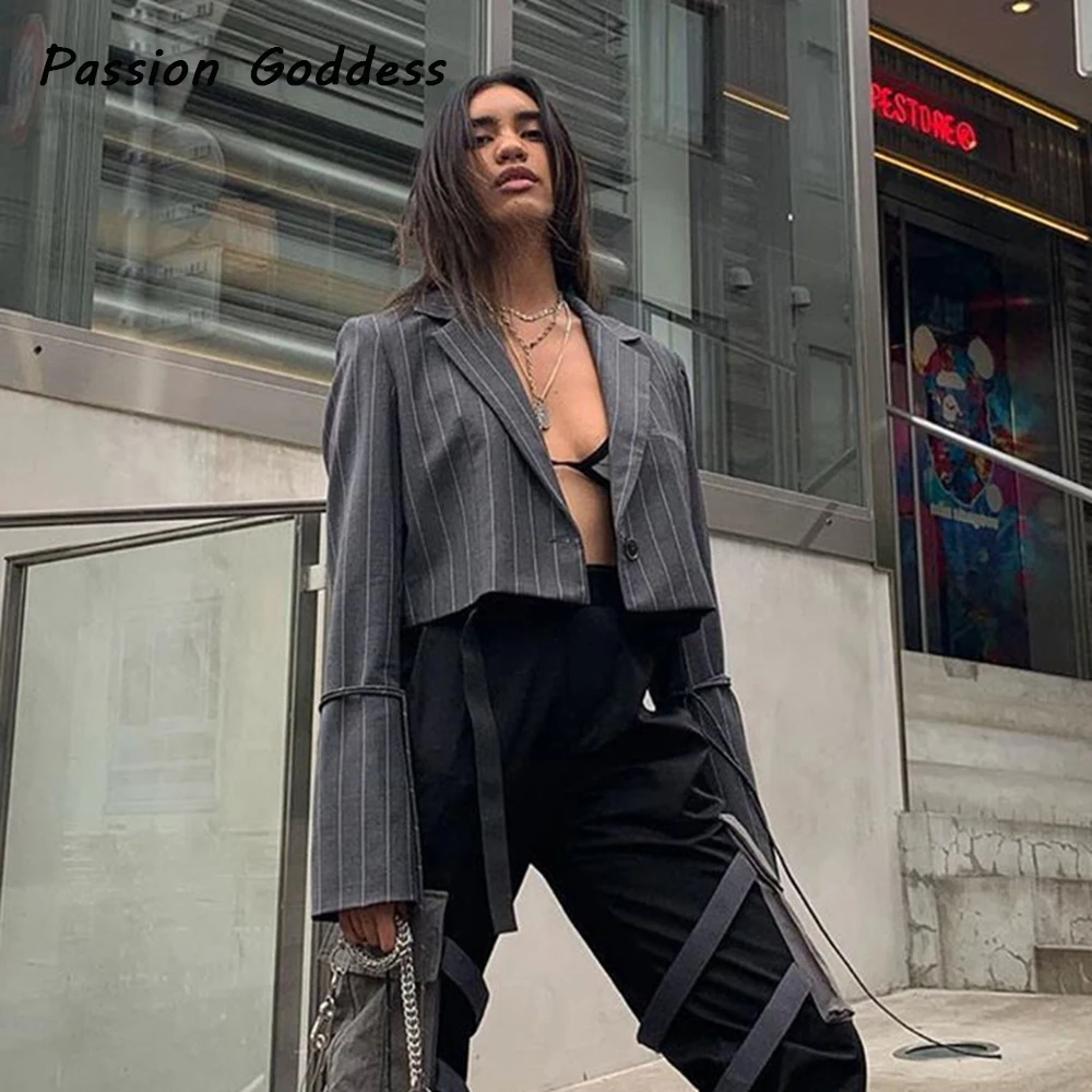 

Autumn Women Bandage Striped Blazer Loose Cardigans V Neck Office Lady Jackets Short Blazers Button Long Sleeve Outcoats Suits