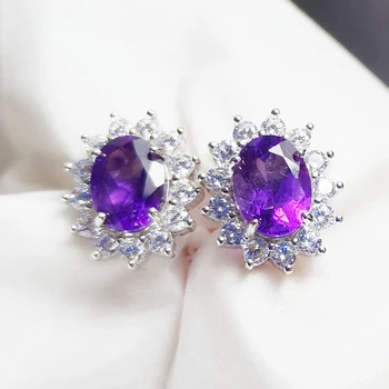 

Per jewelry Natural real amethyst stud earring Free shipping 925 sterling silver 1.4ct*2pcs gemstone For men or women B204202