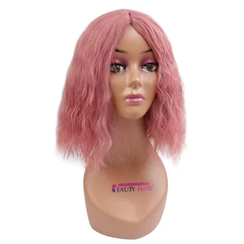 

Beauty on line Lace Front Synthetic Wig 14 Inch Bob Curly Wig For Fashion Women Pink Color High Temperature Fiber Hair