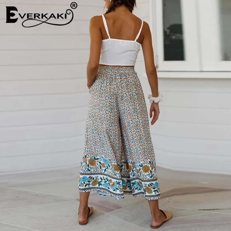 Everkaki Boho штаны с цветочным принтом женские свободные повседневные Летние цыганские Женские винтажные Широкие штаны женские Осенние новые