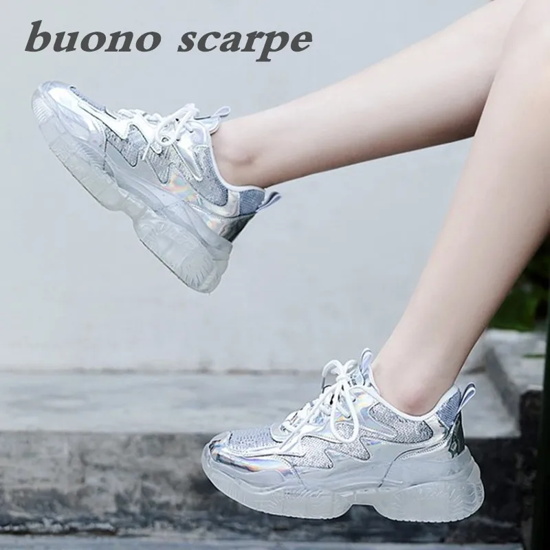

Spring and summer new sequins mesh breathable casual sports wedge with crystal and women's shoes