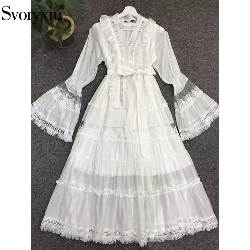 

Svoryxiu Designer Autumn Winter Elegant Party White Long Dress Women's Big Flare Sleeve Embroidery Ruffles Sexy V-Neck Dress