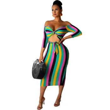 

New Striped Multi-Color Half-sleeve Dress Cut Out Off The Shoulder Maxi Colorful Summer Club Dress Bodycon Sheath Night DRess