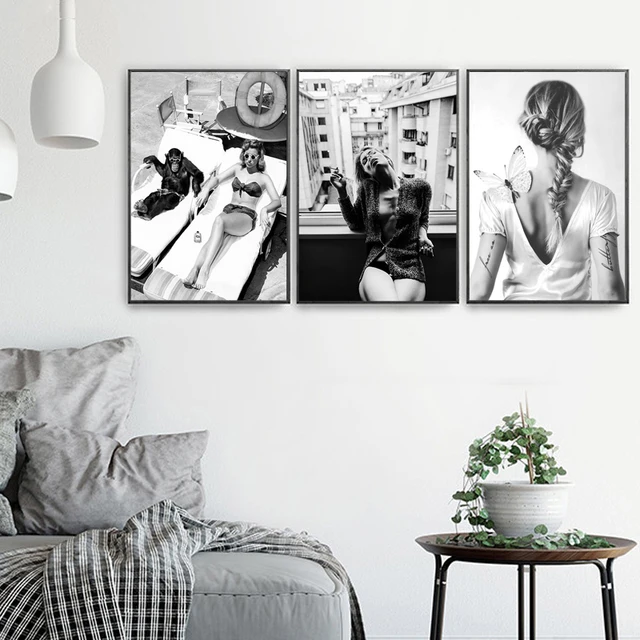 Black White Lips Lady Wall Art Canvas Prints Poster Gorilla Painting Home Decor