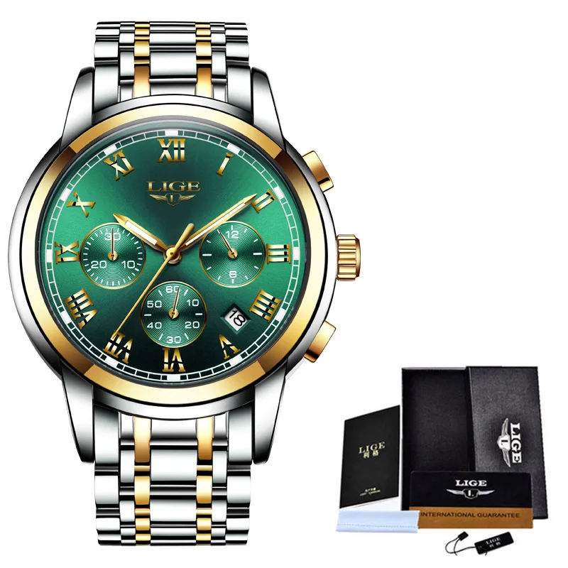 Новые часы Мужские люксовый бренд LIGE Хронограф Мужские спортивные часы водонепроницаемые полностью Стальные кварцевые мужские часы Relogio Masculino - Цвет: Gold green S