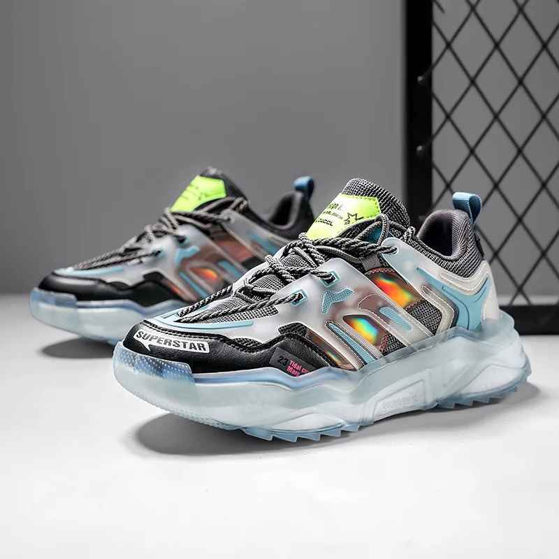 

2020 new transparent bottom ins trend daddy shoes microfiber mesh breathable casual shoes high elastic wearable travel shoes