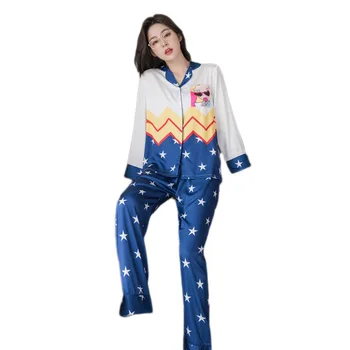 

Wmyqdlq 2020 Autumn New Product Ice Silk Long-Sleeved Pajamas Women Fashion Lapel Home Wear Casual Suit Thin Section