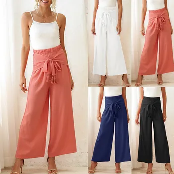 

Woman Pants Casual Comfy Workout High Waist Sweatpants Trousers Active Elastic Waist Wide Bow Leg Pants Mujer Pantalones