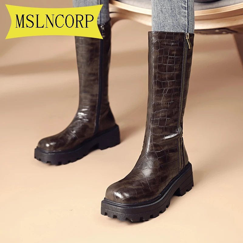 Большой размер 34-43 женские сапоги до середины икры зимняя кожаная обувь модные
