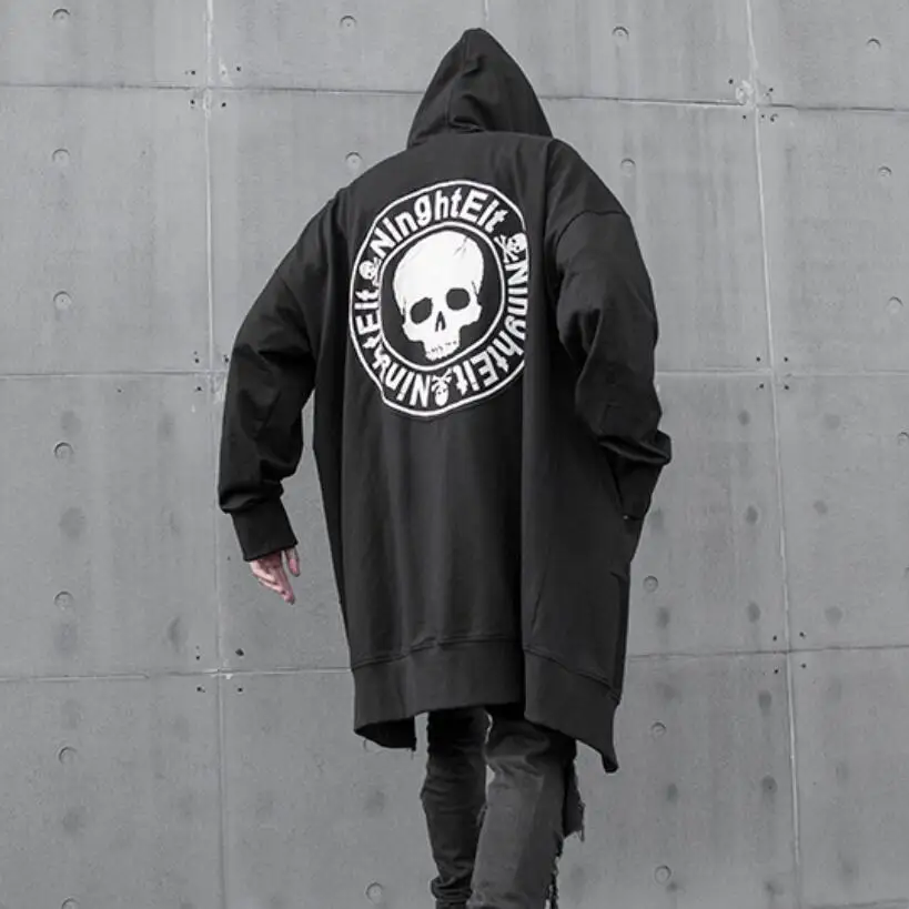 Men autumn winter thin skull print punk hip hop long hoodie zipper pullover man vintage gothic hooded jacket sweatshirts