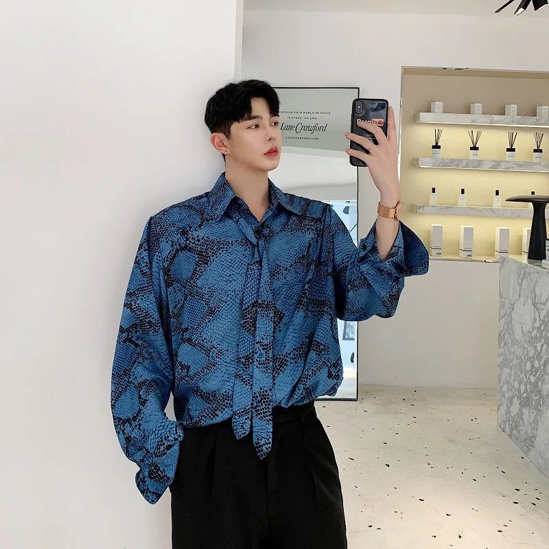 Men Long Sleeve Tie Bow Collar Loose Casual Shirt Male Women Vintage Snake Print Streetwear Hip Hop Party Dress Shirts
