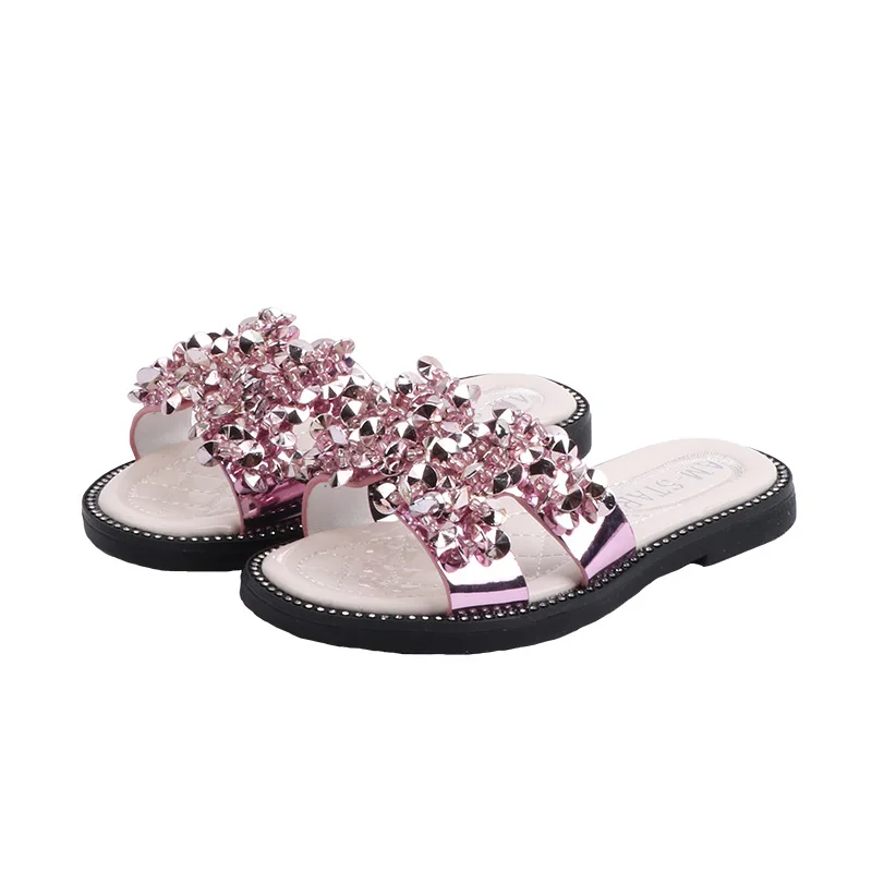 

Summer Medium Big Kids Girls Darg Slippers Casual Flats Sequined Princess Soft Beach Sandals Open-toe Non-slip Children's Slides
