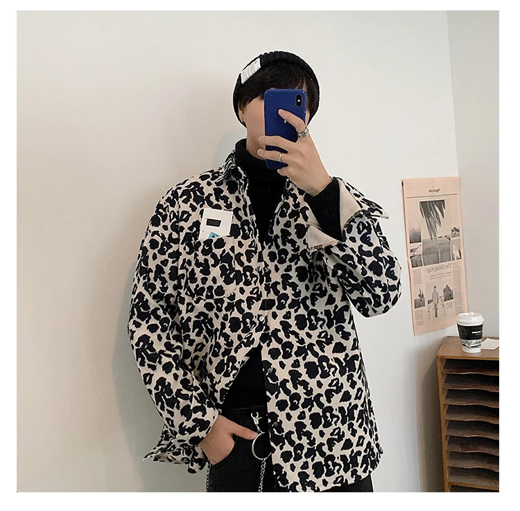 Осенняя новая Толстая леопардовая рубашка Мужская модная Повседневная рубашка с длинными рукавами уличная хип-хоп свободная леопардовая куртка пальто Мужская M-2XL