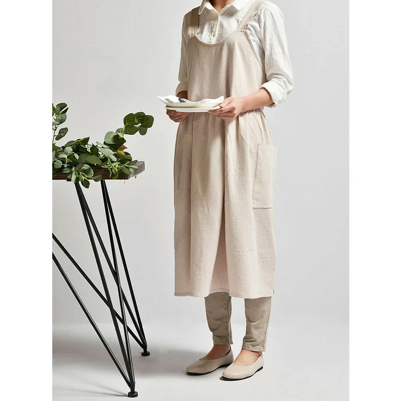 Women Cotton Linen Bib Apron Japanese Style Sleeveless Pinafore Home Kitchen Coffee Cooking Florist Aprons Dress