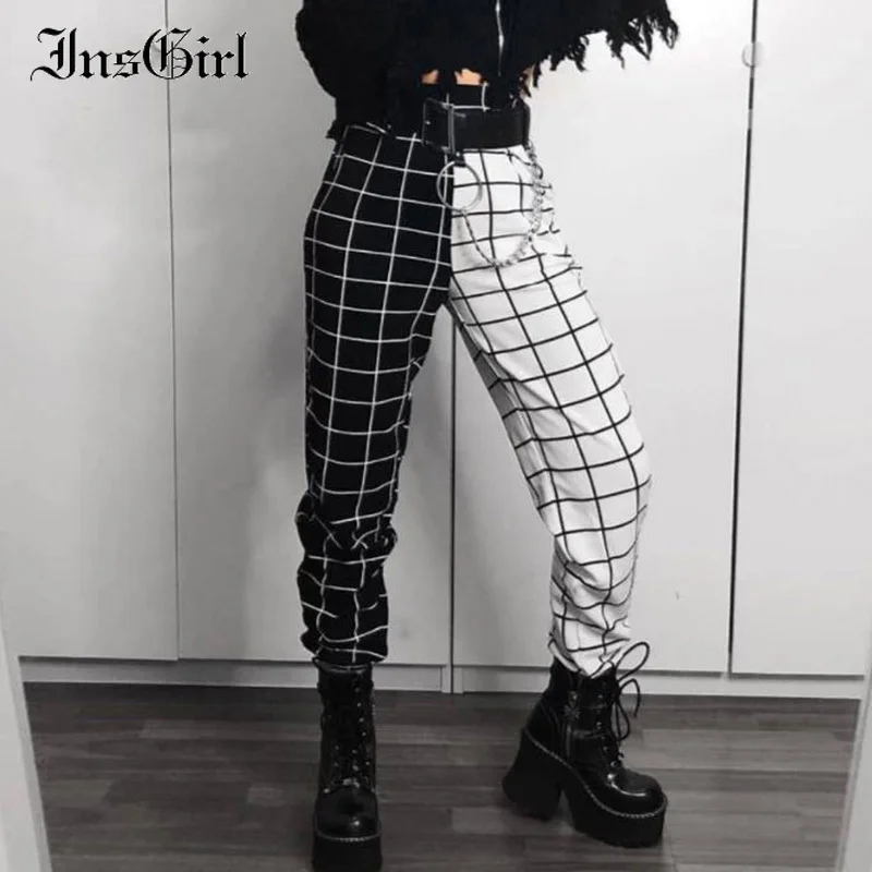 Grunge Trousers Cargo-Pants Patchwork Harajuku Plaid Punk Insgirl High-Waist Y2k Fashion