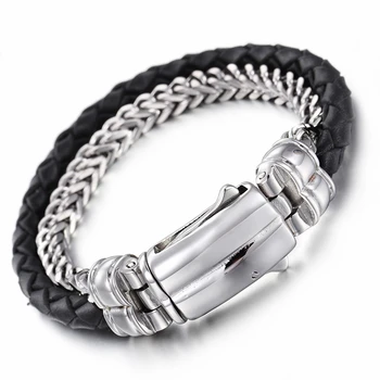 

Unique 22cm Stainless Steel & Leather Bracelet Men's Fashion High Polished Hand Chain Bangle Cheap Accessories Gift 2020