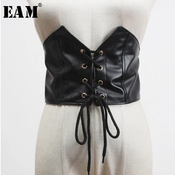 

[EAM] Drawstring Bandage Irregular Split Joint Pu Leather Belt Personality Women New Fashion Tide All-match Spring 2020 1U272