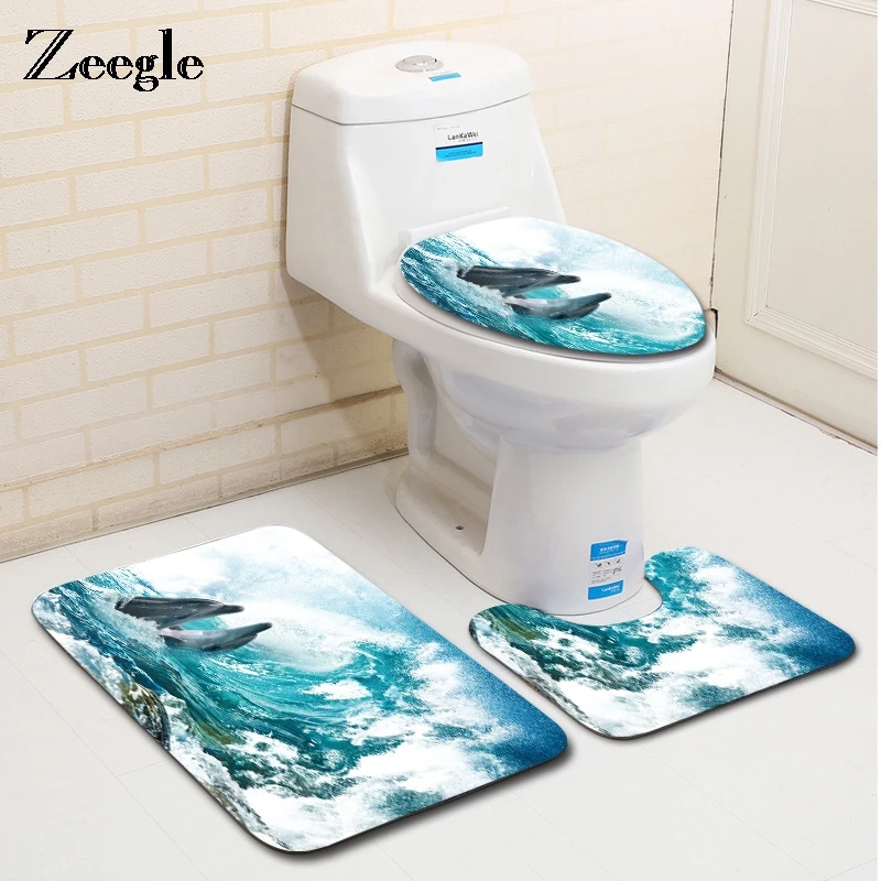 Zeegle 3D Fish Printed Bathroom Carpets 3 Pieces Anti-slip Rug In The Toilet Washable Pedestal Rug Lid Toilet Cover Bath Mats