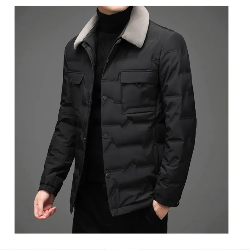 Мужская повседневная куртка с меховым воротником черная ветровка Зимняя парка