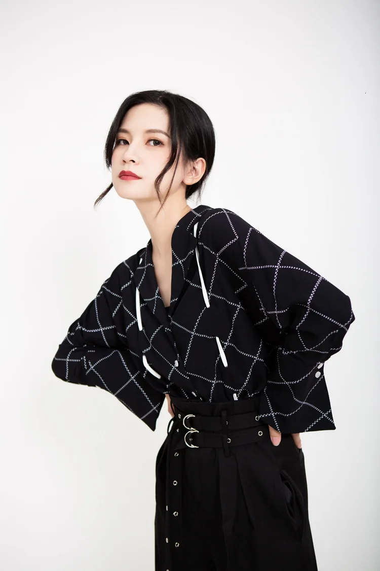 MEVGOHOT Turn Down Collar Woman's Fashion Plaid Drawstring Blouse Autumn Winter Draped Lattice Lace Up Korean Shirts HD3046