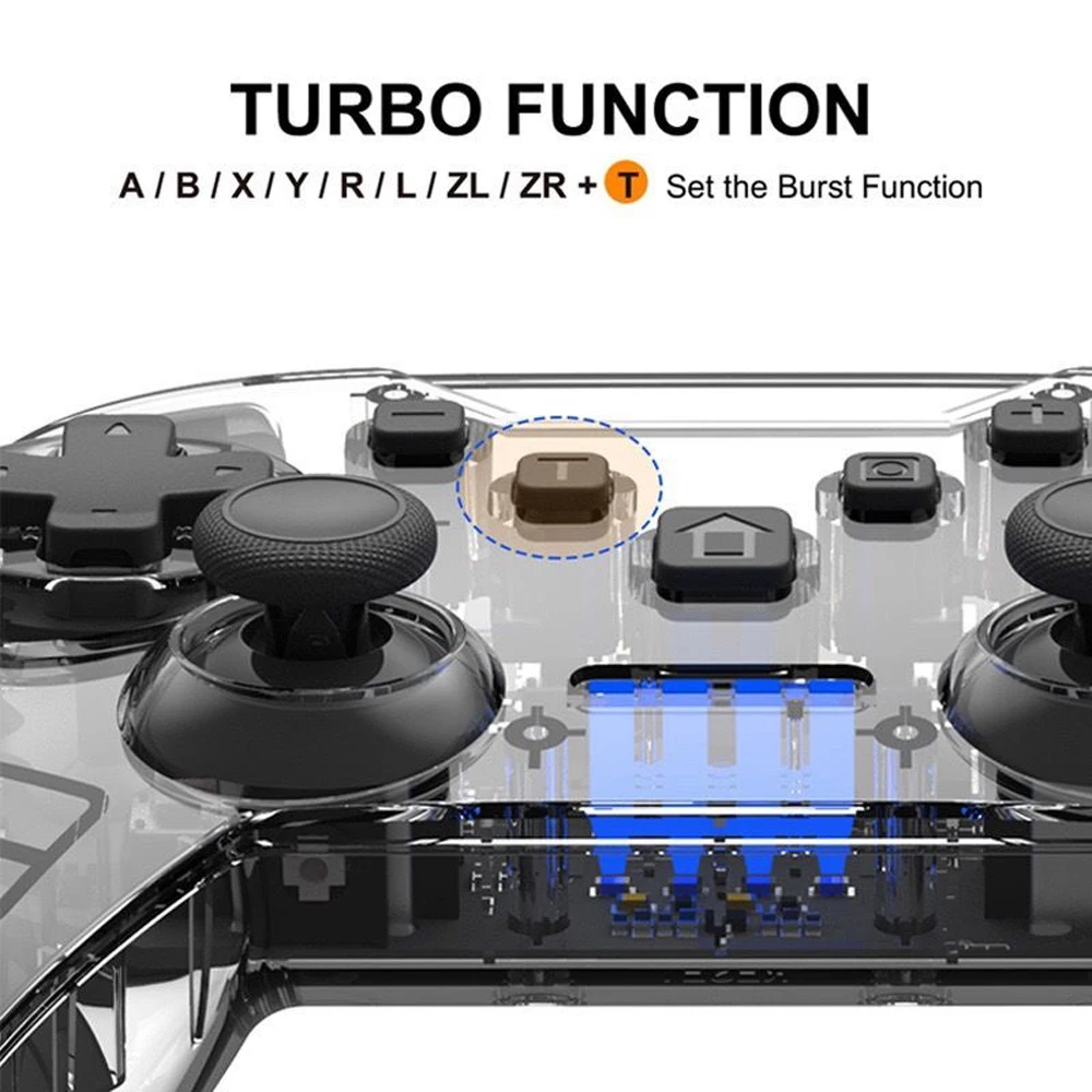 Hot Sale Wireless Controller Transparent Bluetooth Gamepad with 6-axis Gyro Adjustable Turbo Dual Vibrationfor Nintendo Switch