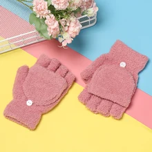 Дети Прекрасная зимняя теплая перчатки дети мультфильм толстый коралловый бархат варежки двойного назначения раскладушка половина пальца перчатка для шитья