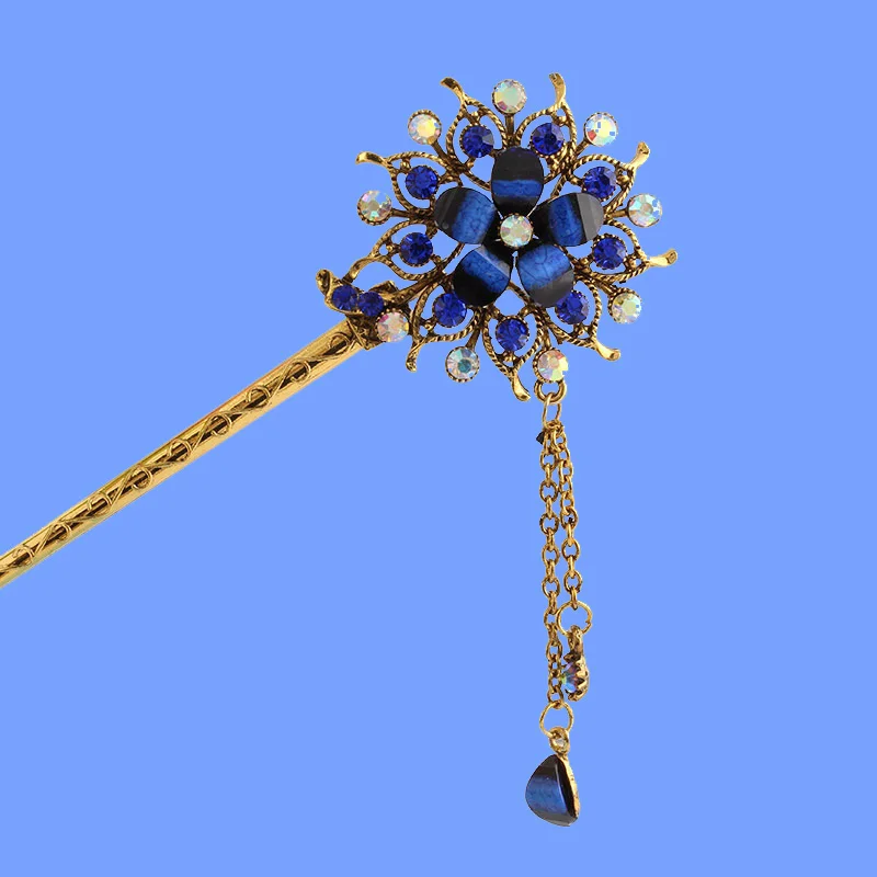 Цветок с кристаллами стразами палочки для волос металлическая цепочка с кисточками КАПЛЕВИДНАЯ шпилька женские аксессуары для волос Винтажные Украшения - Окраска металла: blue