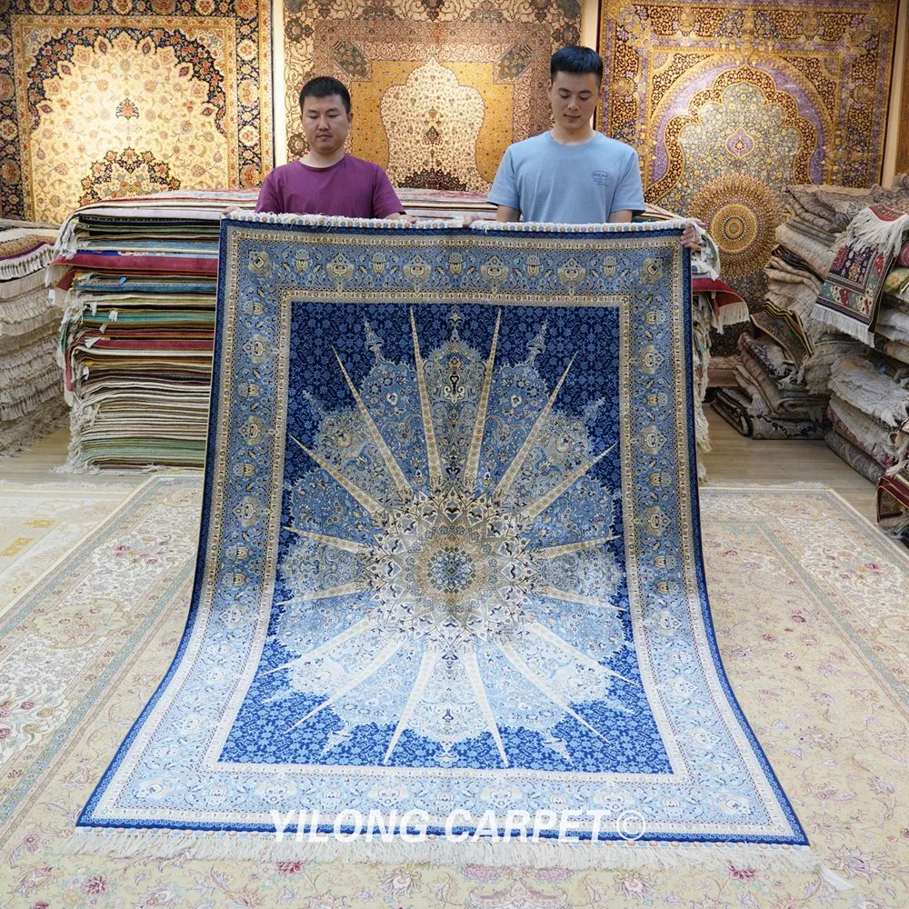 Yilong 5 'x 7' персидский шелковый ковер темно-синий выгодный ручной работы isfahan