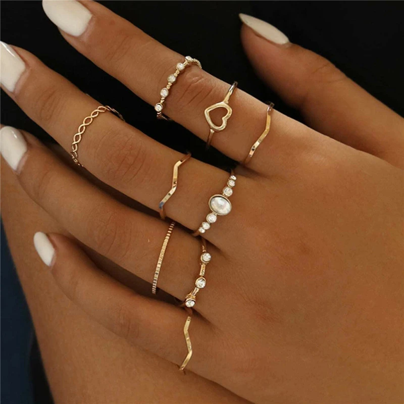 Conjunto de 9 anillos oro anillo de oro, anillo ajustable abierto, Midi, anillo fino apilable, de regalo|Anillos| - AliExpress