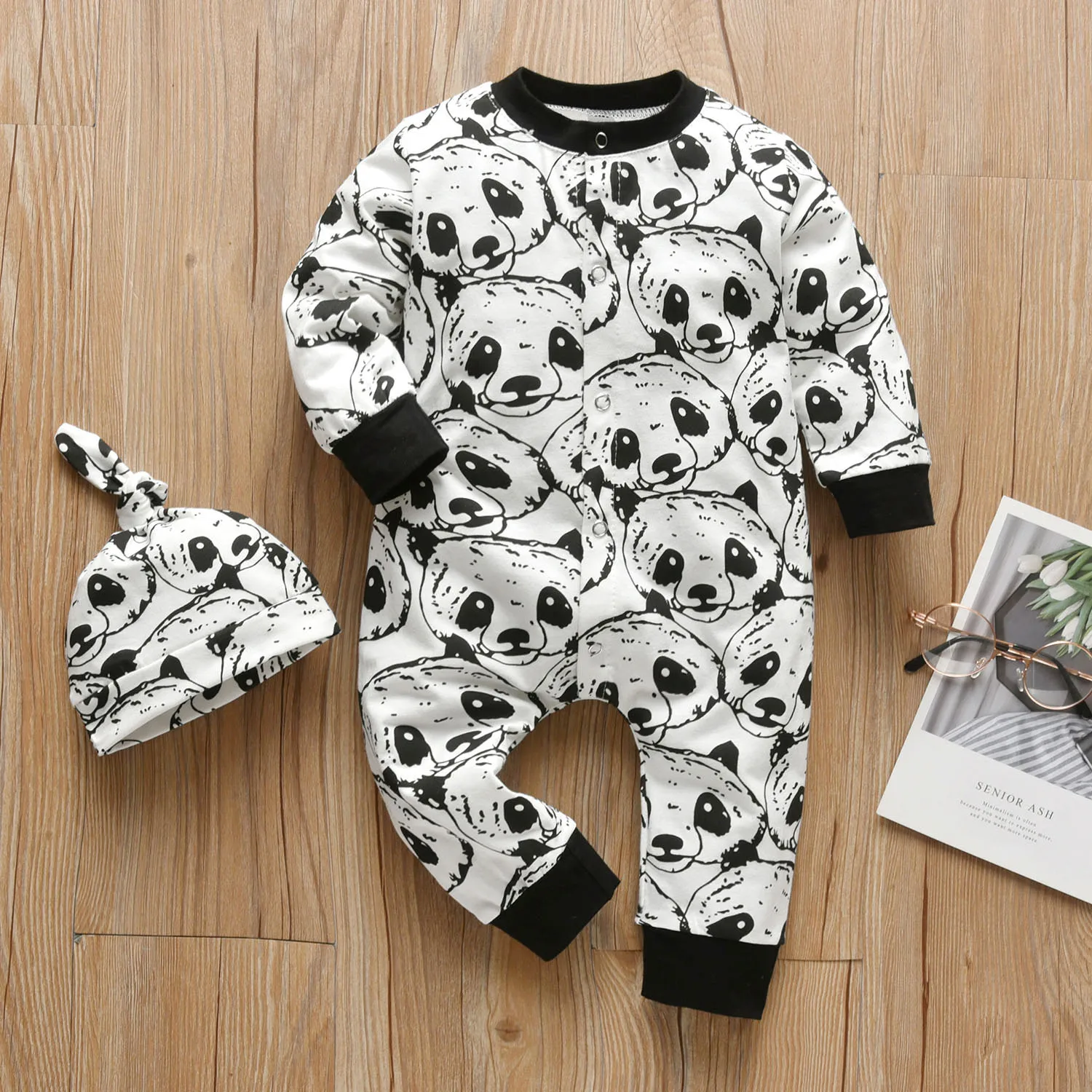 Newborn Baby Boys Rompers Cartoon Panda Patter Long Sleeve Jumpsuit and Hat Infant 2Pcs Boy Clothing Autumn Toddler Clothes |