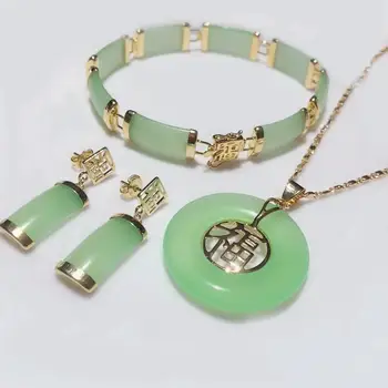 

noble light green Natural jade bracelet7.5", square earings, and pendant for Christmas and valentine's day gift