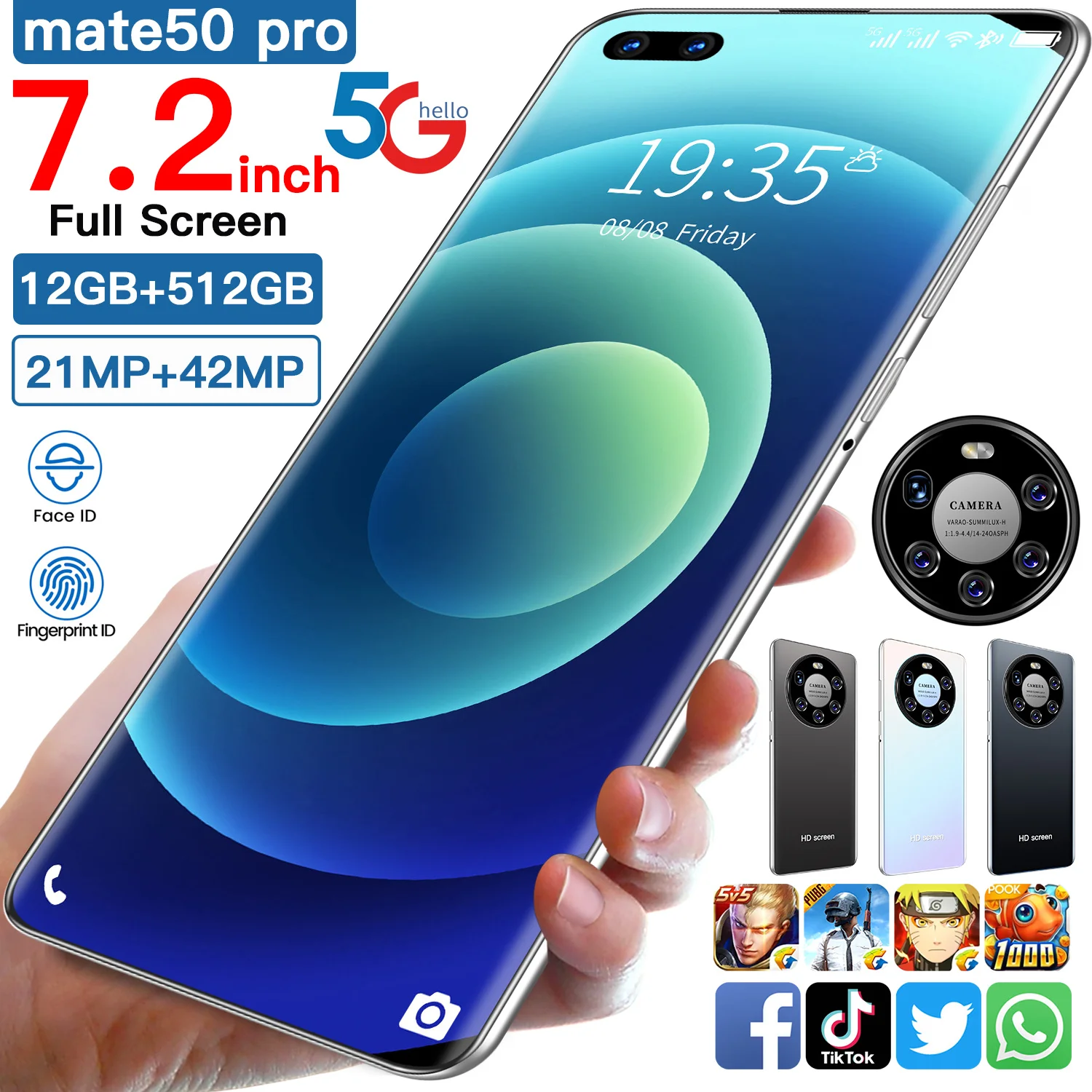 Разблокированный смартфон Mate 50 Pro 2021 новейший дюйма 12 Гб ОЗУ 512 ПЗУ поддержка двух