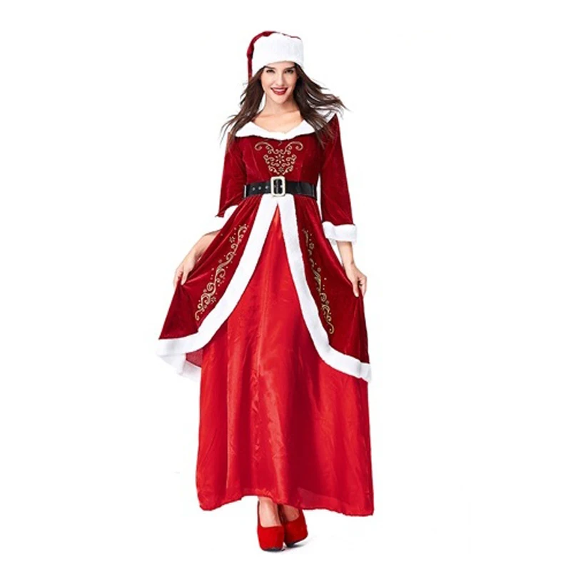 Women Dress Рождественские костюмы Санта-Клауса для мужчин; маскарадные костюмы для взрослых; праздничный костюм; роскошный бархатный костюм для рождественской вечеринки - Цвет: Women Dress