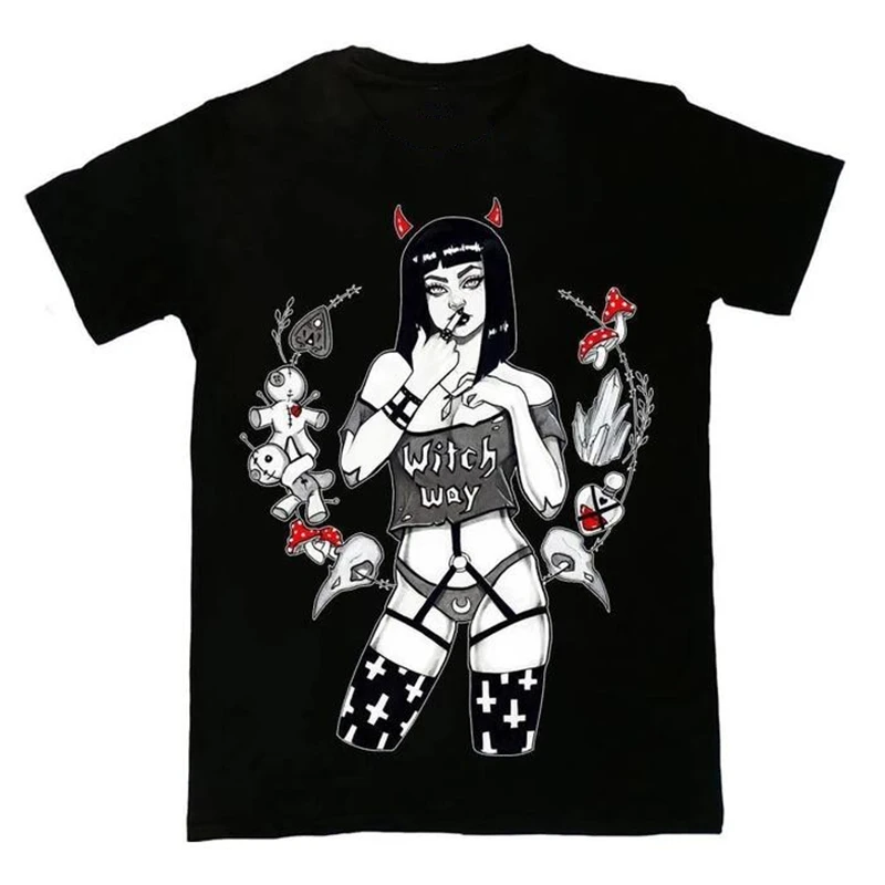 

Gothic Punk Women T-Shirt The Witch Way Demon Print Graphic Tumblr Clothes Dark Street Grunge Fashion Black Top Tees For Female