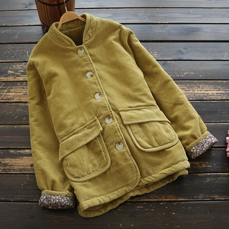 Винтажные Вельветовые женские парки зима осень с хлопковой подкладкой теплые карманы сплошной цвет корейская мода Женское пальто