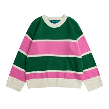 

Spring New Arrival Ladies Knitted Jumpers Top Long Sleeve Crew Collar Women Pullover Sweaters Striped Hit Color Knitwear