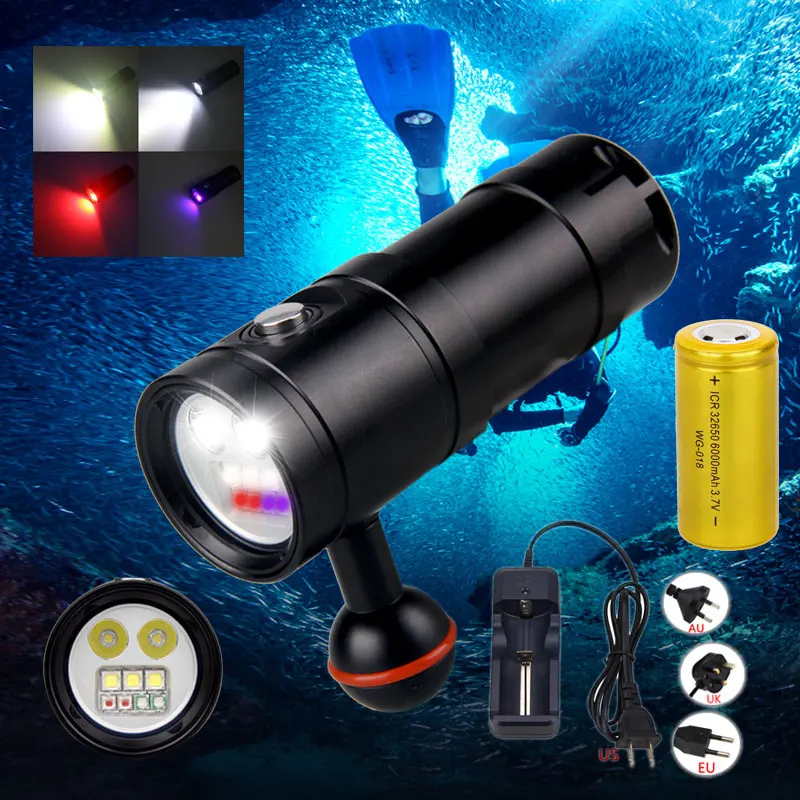 Scuba Diver Diving Flashlight 100M 2350lm Waterproof XM LED White/Red/UV Lighting For Photography Video+32650 Battery