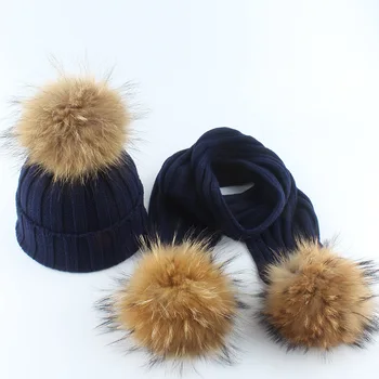 

Baby boy girl hat scarf set Autumn winter children's raccoon fur ball wool hat curling stripe knit warm hat Skullies & Beanies