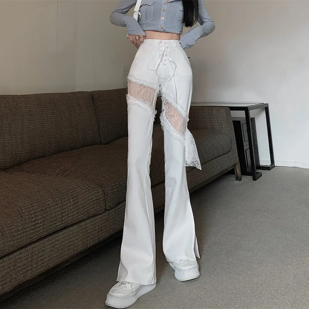 Lace Stitching Hollow Out Side Slit Bandage High Waist Flared Jeans Slim Gothic Punk Streetwear Denim Pants Harajuku Trouser | Женская
