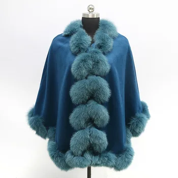 

Real Fur overCoats Winter wool cashmere cape Women s long Waterproof fox Fur collar shawl tailored casual thick Warm 2019 blue